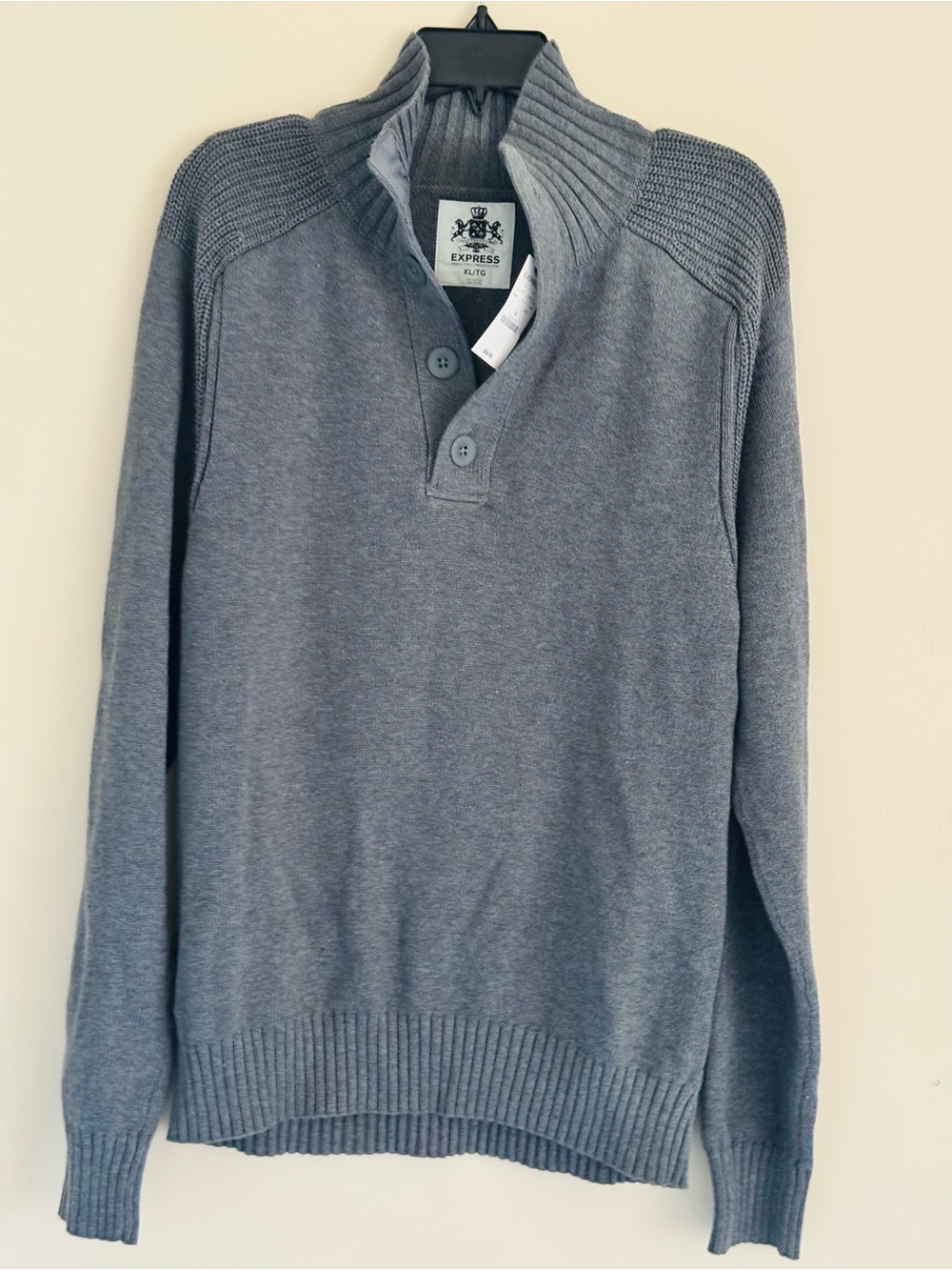 NWT Express Men's Gray Ribbed Collar Button-Up Turtleneck Sweater /100% Cotton
